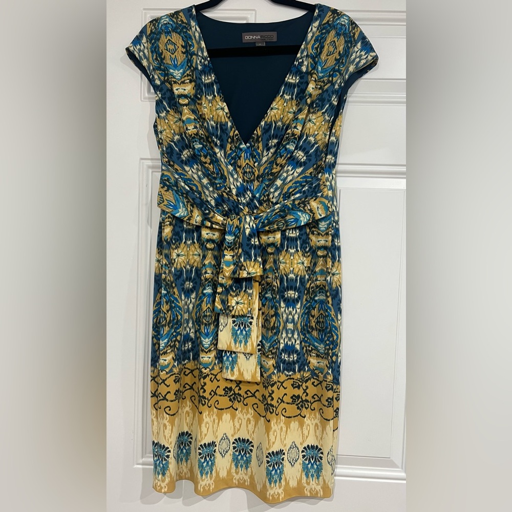 Donna Ricco Blue and Gold Midi Dress